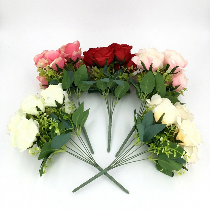artificial roses with red, pink, and white flowers on a white background