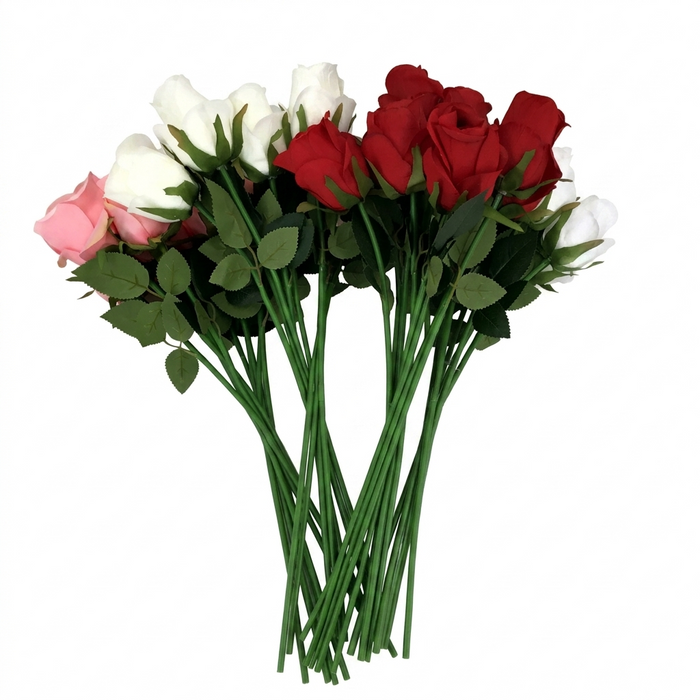 Bouquet of red, white, and pink roses on a white background