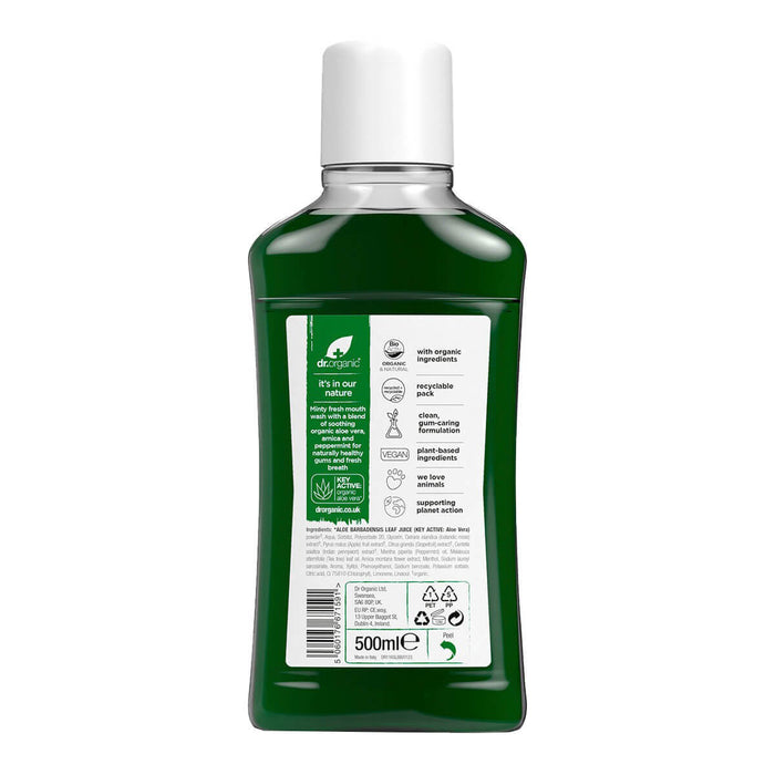 Back of Dr. Organic Aloe Vera Mouthwash 500ml. Made with organic aloe vera, arnica & peppermint. Vegan, cruelty free.