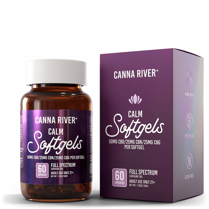 Canna River CBD Calm Softgels Full Spectrum 50mg CBD + 25mg CBN + 25mg CBG 60 count