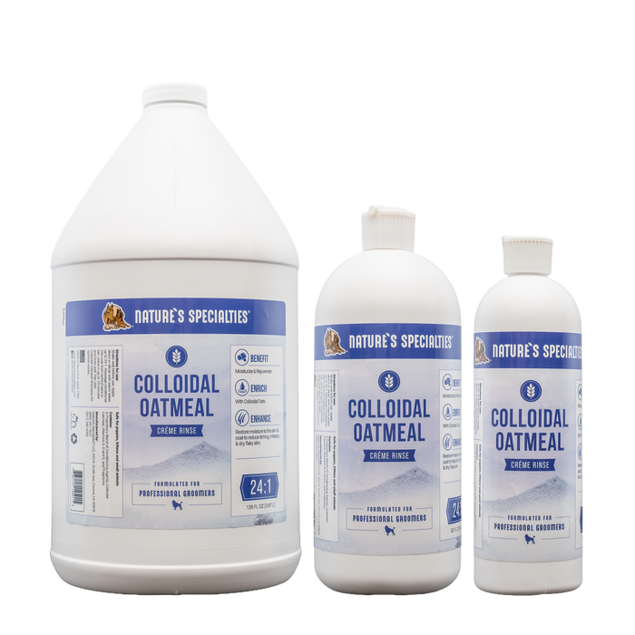 Bottles Nature's Specialties Colloidal Oatmeal Creme Rinse for pets in 128oz, 32oz, and 16oz.