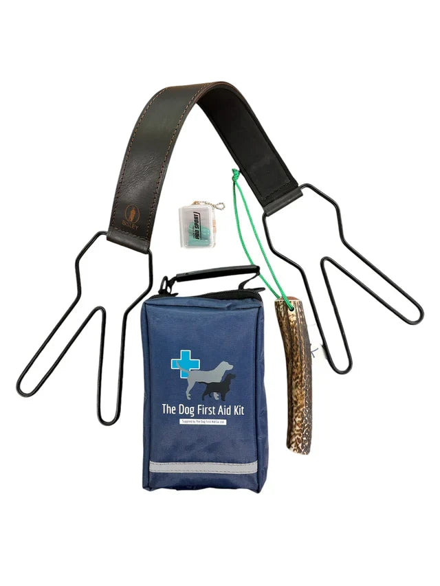 Dog first aid kit, priest, leather game carrier and foam ear plugs on a white background