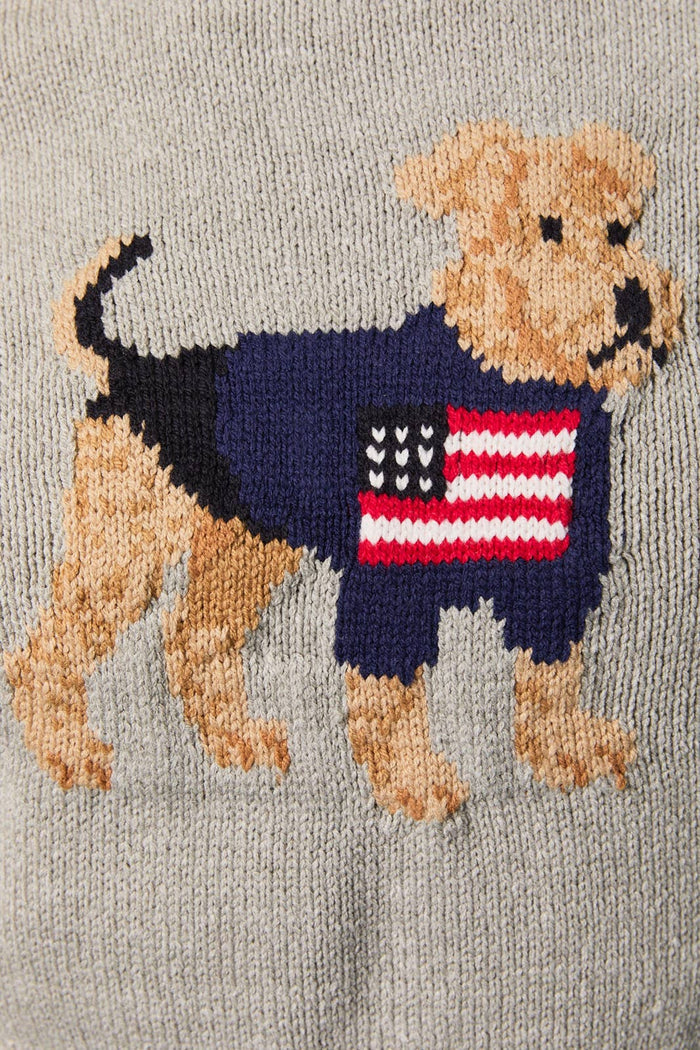 "DOG WITH FLAG" GRAPHIC SHORT SLEEVE CREW NECK SWEATER TOP: H GREY / S