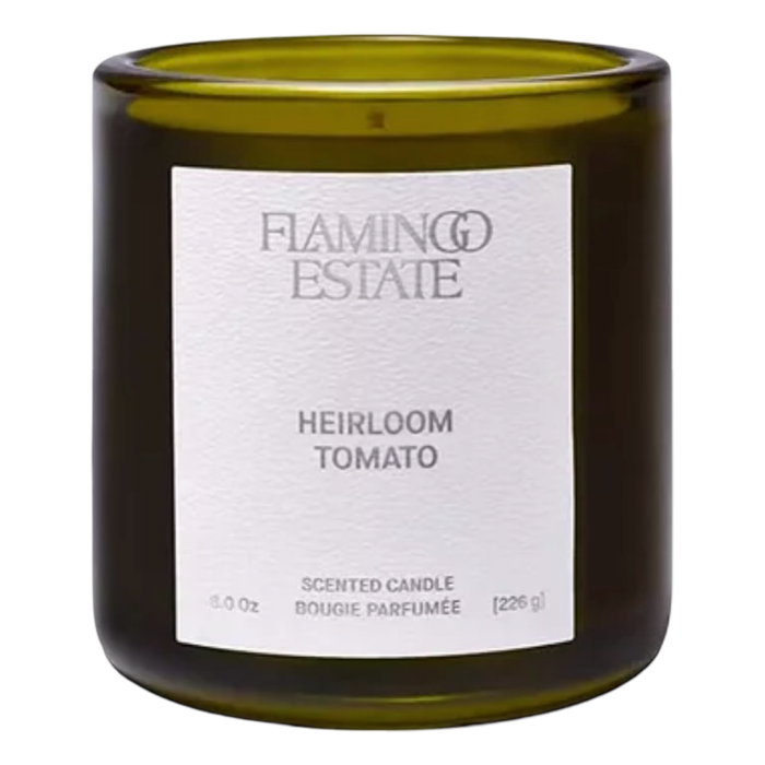 Scented candle labeled 'Flamingo Estate Heirloom Tomato' on a white background