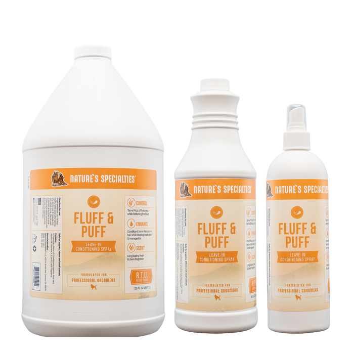 Three bottles of Nature's Specialties Fluff & Puff Re-Moisturizing Spray in varying sizes.