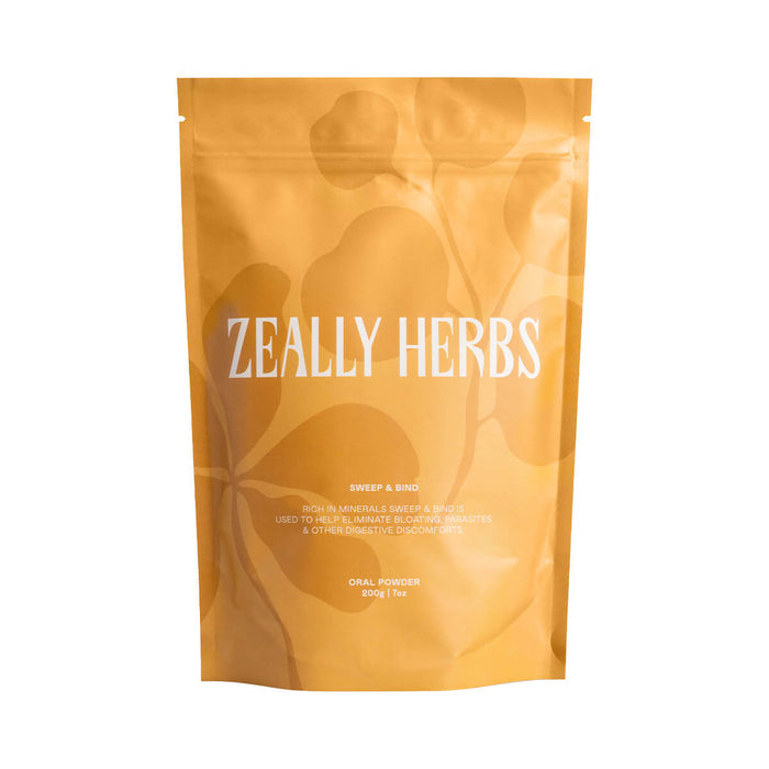 200g bag of Zeally Herbs Gut Sweep & Bind Powder, a formula containing diatomaceous earth used to help eliminate bloating and long-term treatment for parasite control and elimination.