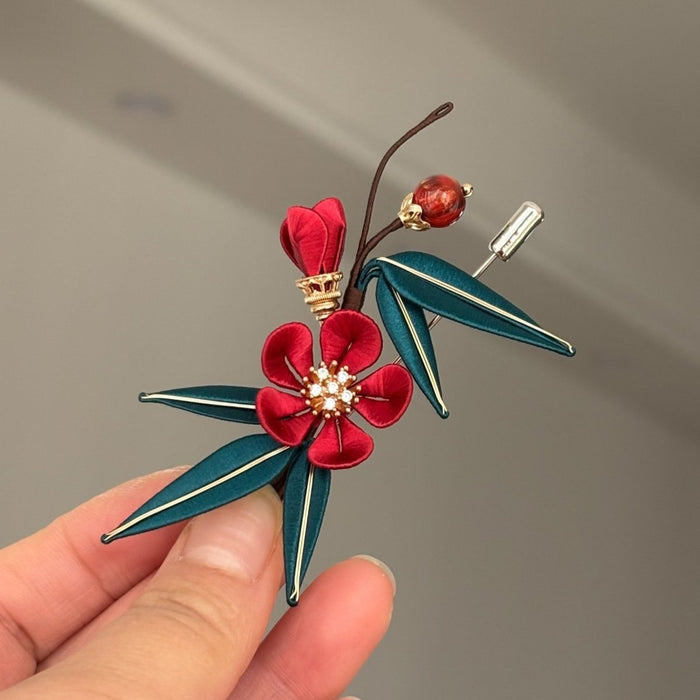 Handmade Chanhua Plum Blossom & Bamboo Brooch - Red & Teal with Crystal & Stone Bead