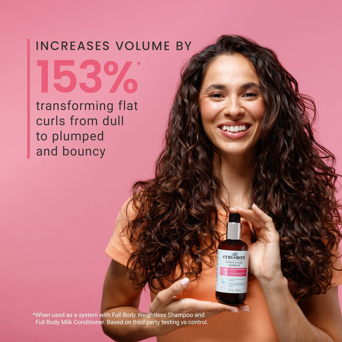 Woman holding a bottle of Curlsmith product with text on a pink background