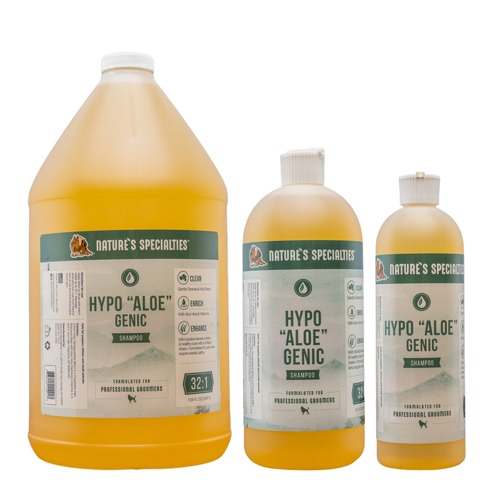 Three various-sized bottles of Nature's Specialties Hypo "Aloe" Genic Shampoo for dogs & cats.