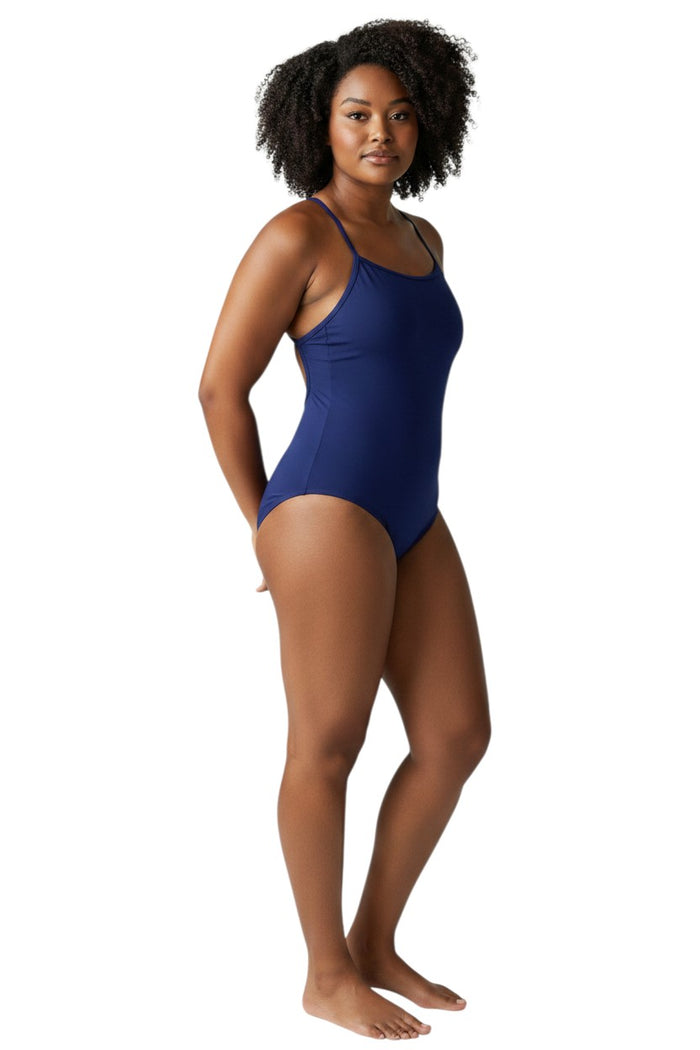 The Lifeguard Store Kiefer H-Back navy blue one-piece swimsuit made from recycled polyester with H-back straps.