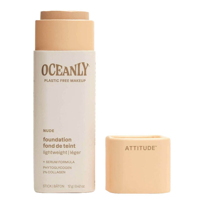 Oceanly plastic free makeup stick and Attitude bar on a white background.