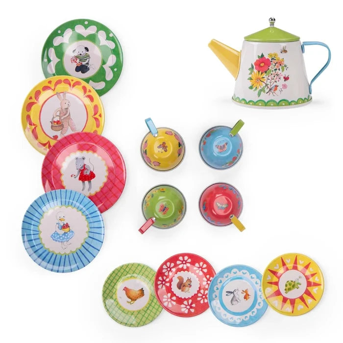 Colorful children's tea set with various plates and a teapot on a white background