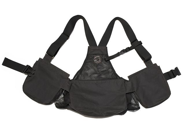 Brown waxed gundog training vest with multiple pockets and straps on a white background