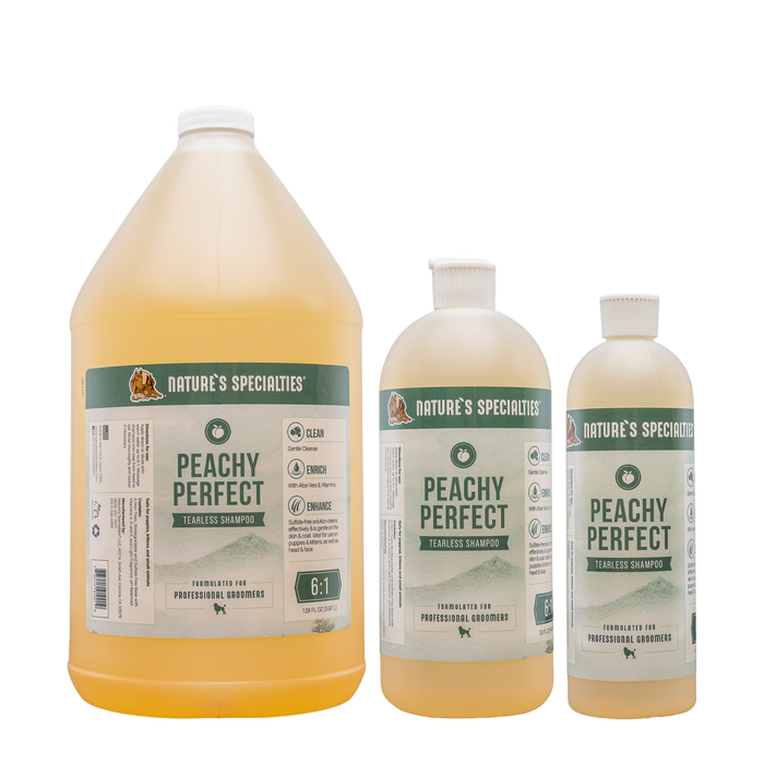 Three bottles of Nature's Specialties gentle Peachy Perfect shampoo for puppies & kittens.