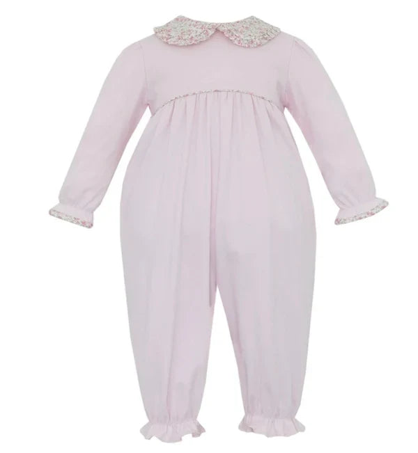 Petit Bebe Pink Knit Girls Long Romper w/ Floral Collar