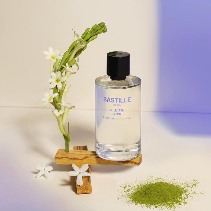 100ml bottle Bastille Pleine Lune Perfume, natural vegan perfume styled with tuberose and matcha.