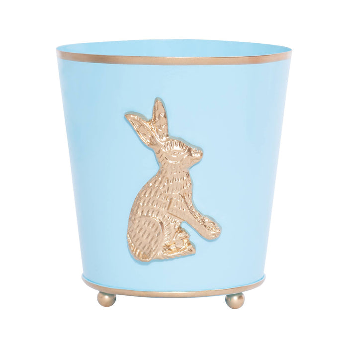 Regency rabbit cachepot, light blue metal planter, decorative rabbit planter, 6 inch round cachepot, chinoiserie inspired flower pot, elegant bunny planter, durable indoor plant holder, whimsical kitchen organizer, grandmillennial decor pot, charming floral cachepo