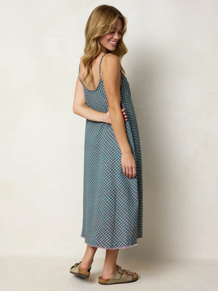 Reversible Cotton Gauze Midi Dress - Blue Ivory Gingham-view 7