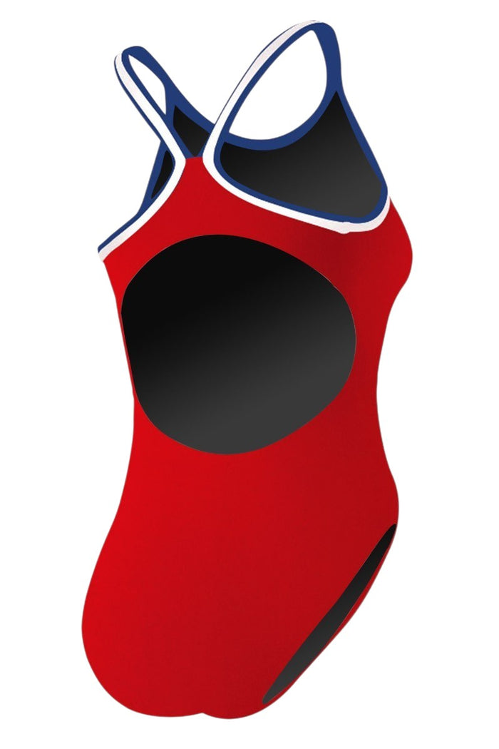 The Lifeguard Store RISE Guard red one piece swimsuit with tri-color trim and H-back design. Made of polyester and spandex.