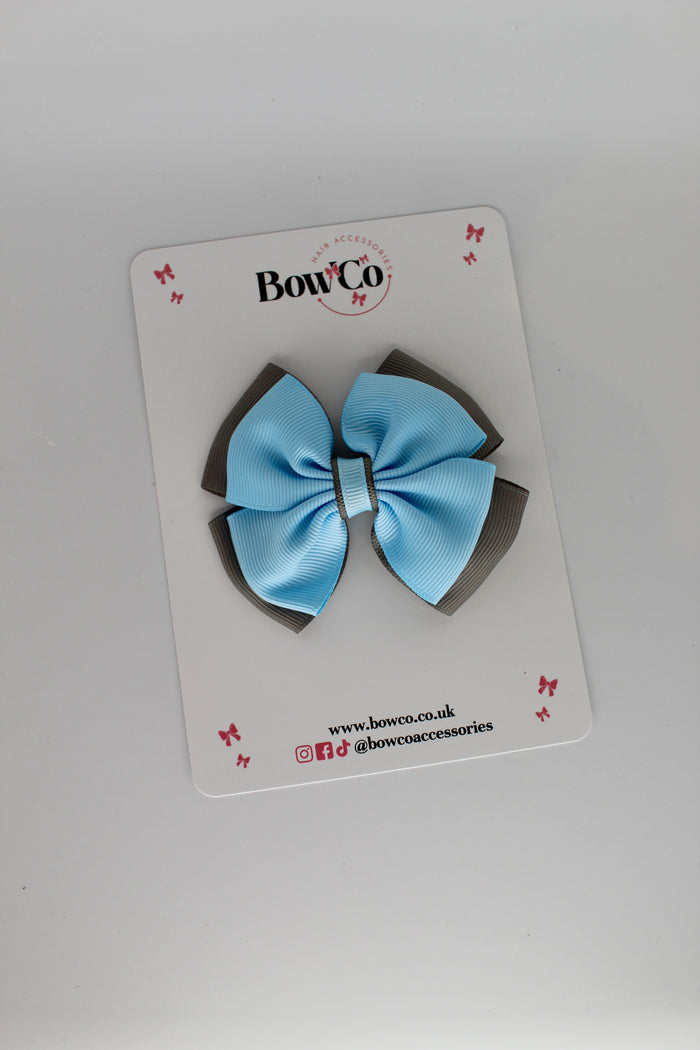 School Bow Blue Topaz and Metal Grey - Layer Edge Bow - Clip