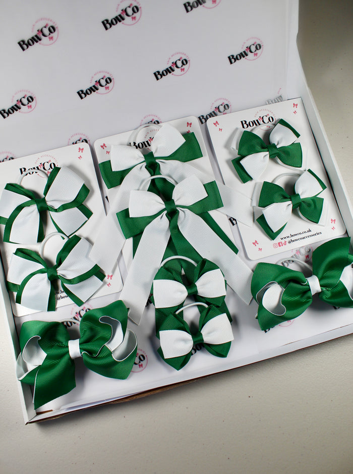 School Bow Bundle Saver - 10 Pack - Forest Green and White - Elastic