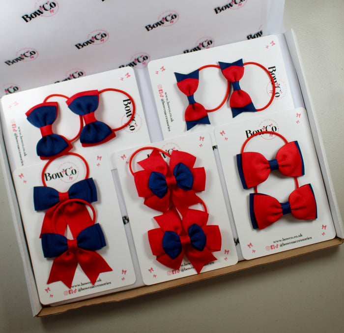 School Bow Bundle Saver - 10 Pack - Navy Blue and Red - Elastic