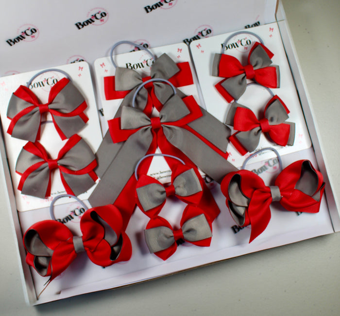 School Bow Bundle Saver - 10 Pack - Red and Grey - Elastic