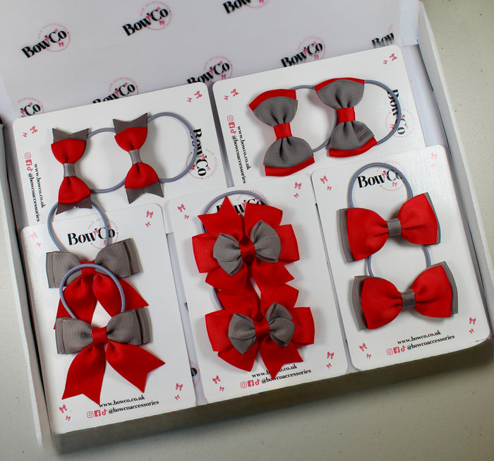 School Bow Bundle Saver - 10 Pack - Red and Grey - Elastic