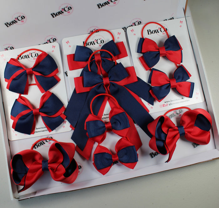 School Bow Bundle Saver - 10 Pack - Red and Navy Blue - Elastic
