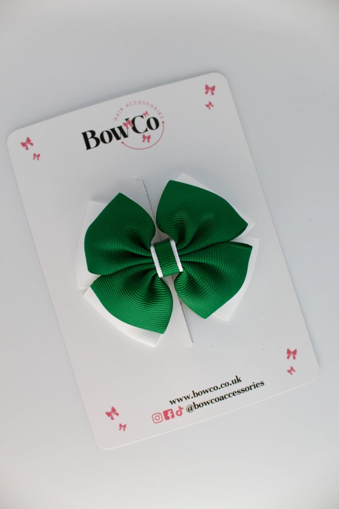 School Bow Forest Green and White - Layer Edge Bow - Clip