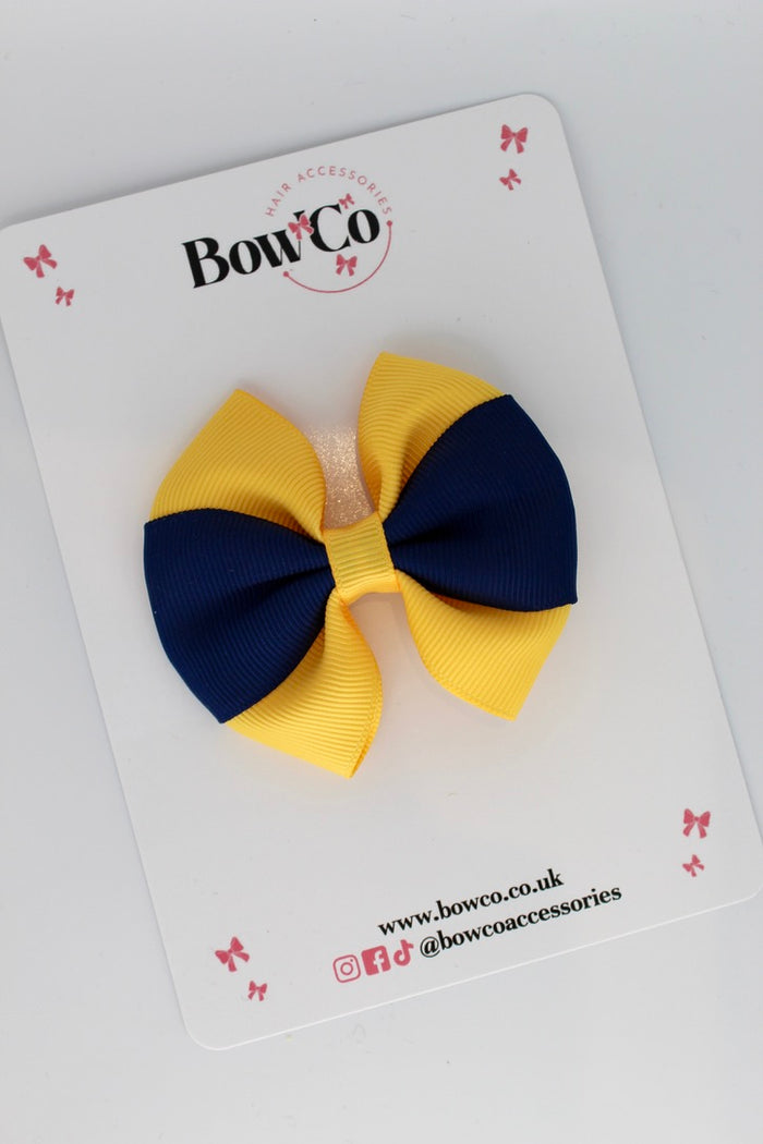 School Bow Navy Blue and Yellow Gold - Round Tuxedo Bow - Clip