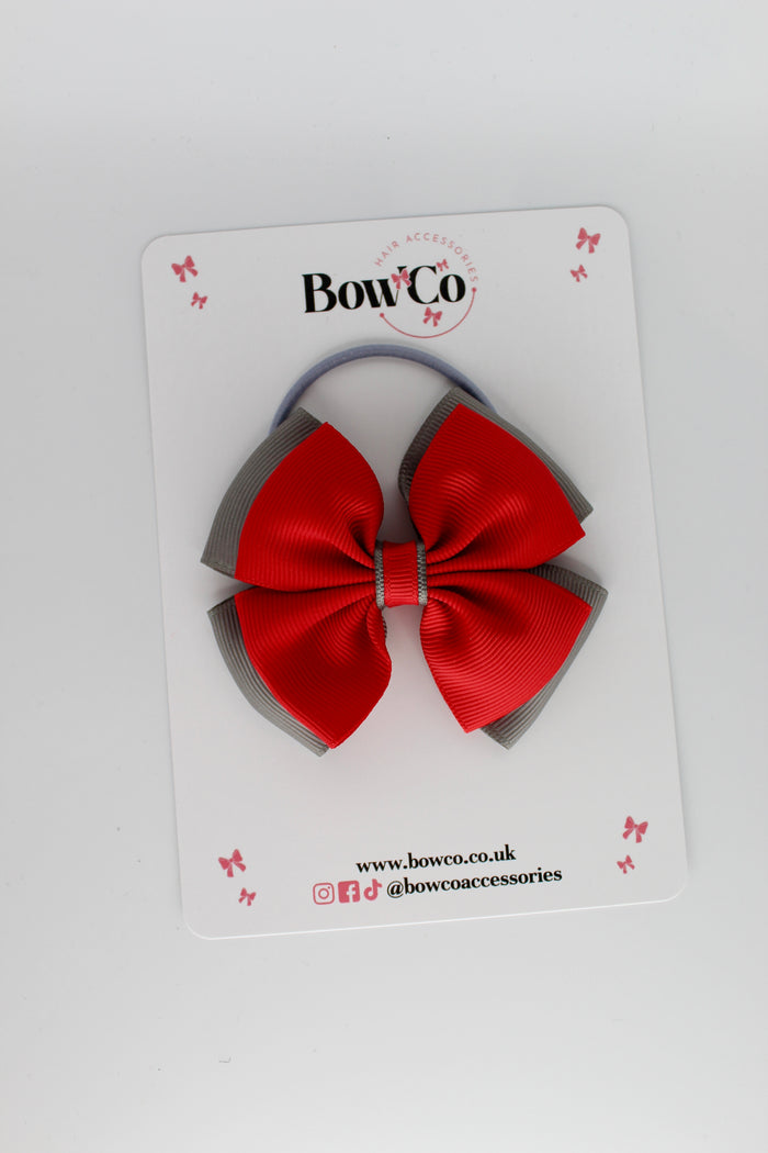 School Bow Red and Metal Grey - Layer Edge Bow - Elastic