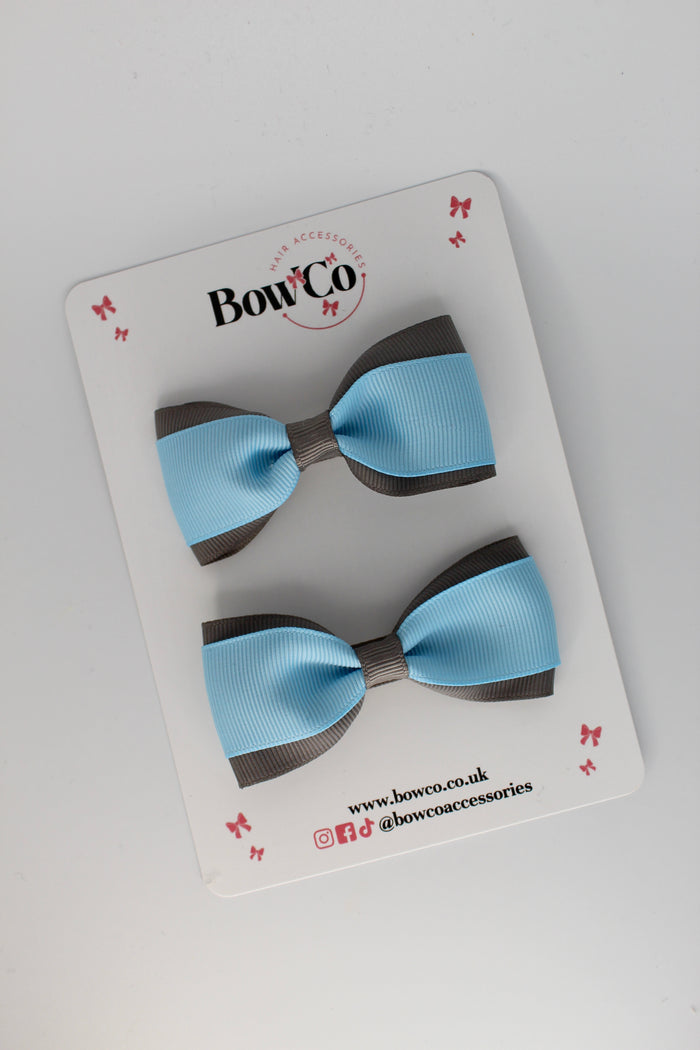 School Bows Blue Topaz and Metal Grey - Tuxedo Bow - Clip