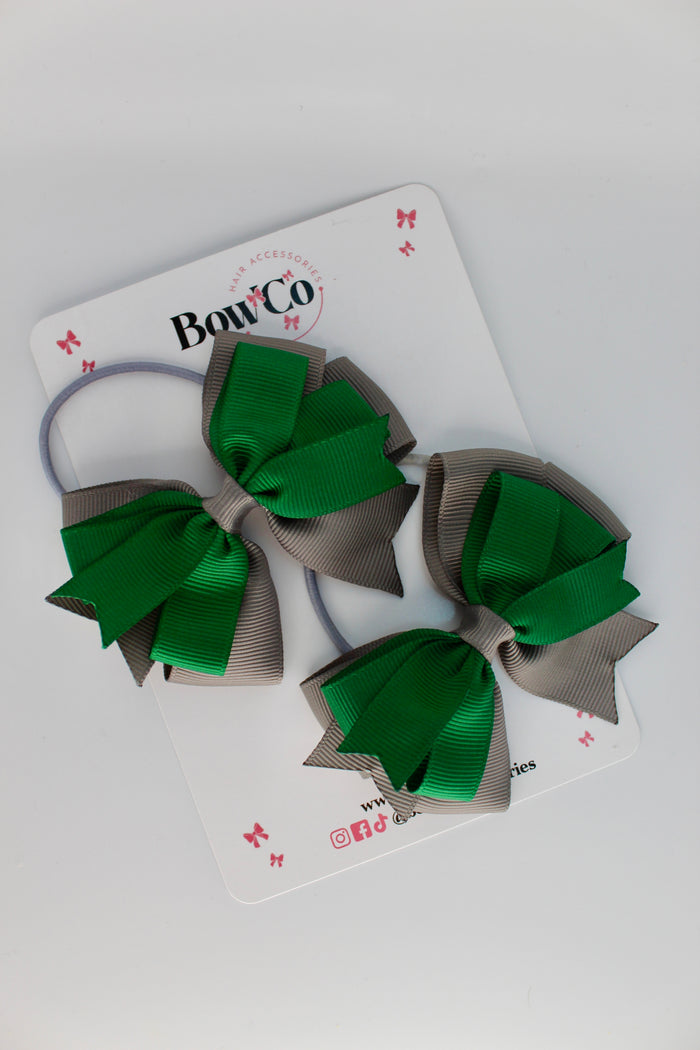 School Bows Forest Green and Grey - Double Tail Bow - Elastic