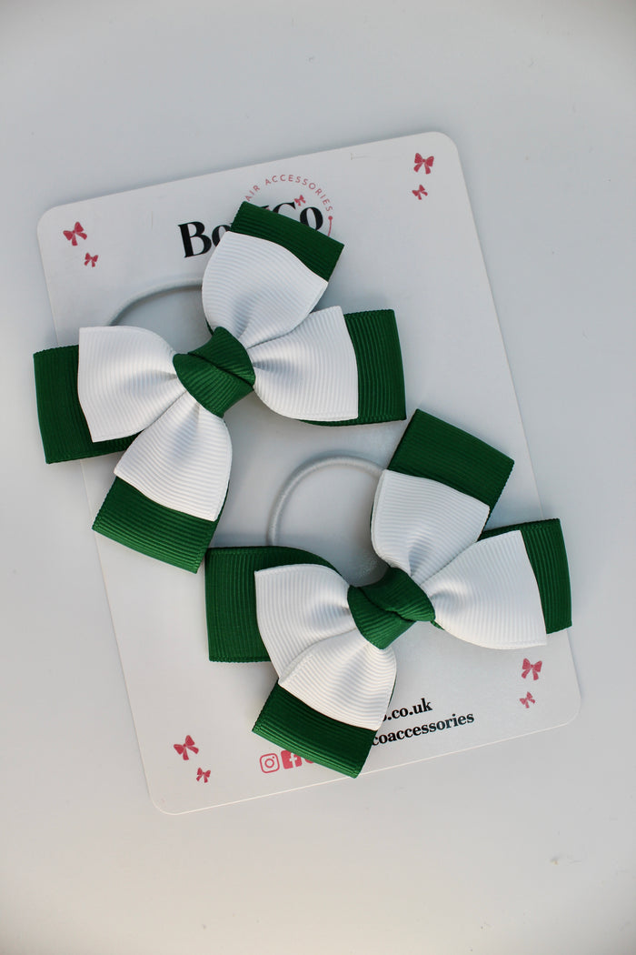 School Bows Green and White - Layer Bow Set - Elastic