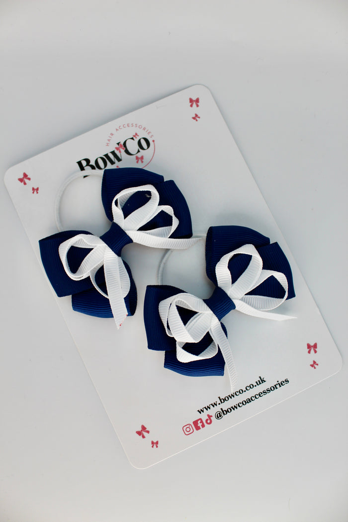 School Bows Navy Blue and White - Double Bow Set - Elastic