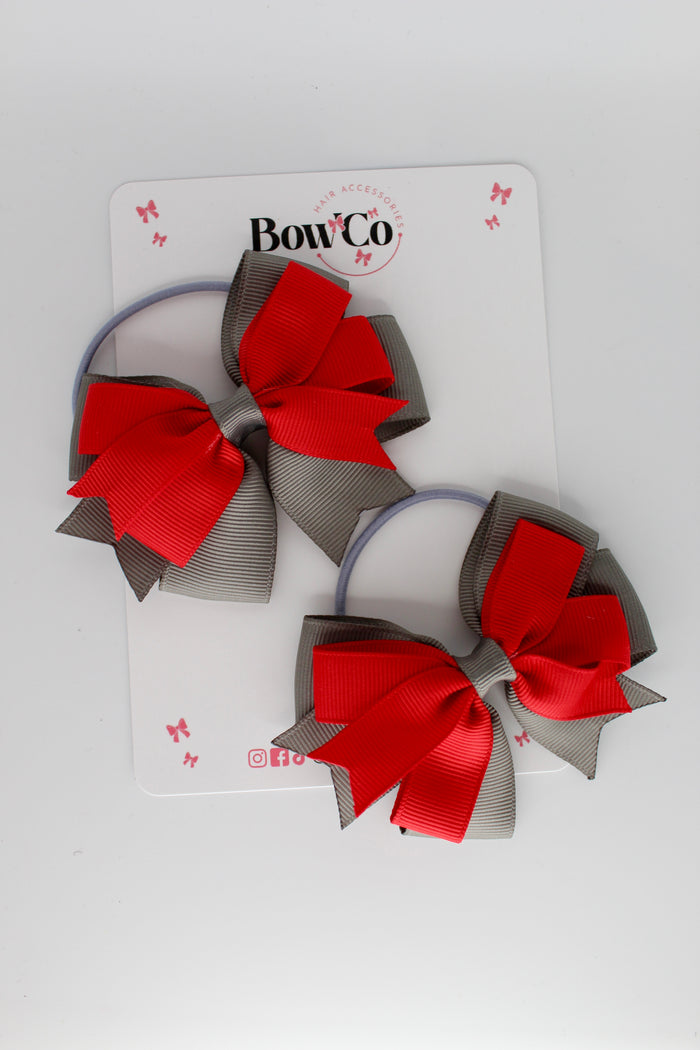 School Bows Red and Metal Grey - Double Tail Bow Set - Elastic