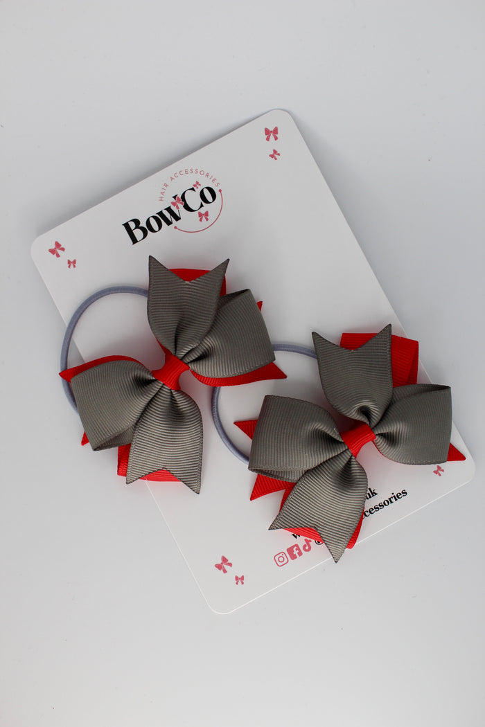 School Bows Red and Metal Grey - Layer Tail Bow Set - Elastic