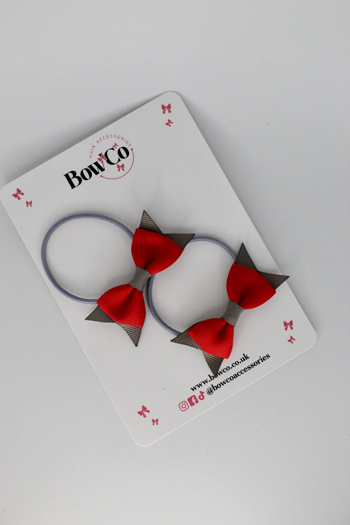 School Bows Red and Metal Grey - Layer Tail Bow Set - Elastic