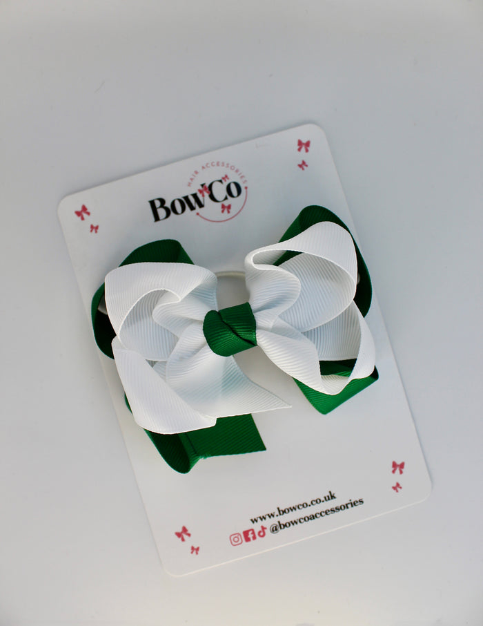School Green and White Bow - Double Loop Bow - Elastic