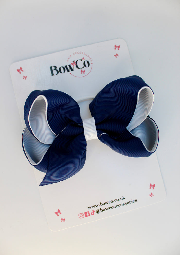 School Navy Blue and White Bow - Loop Bow - Elastic