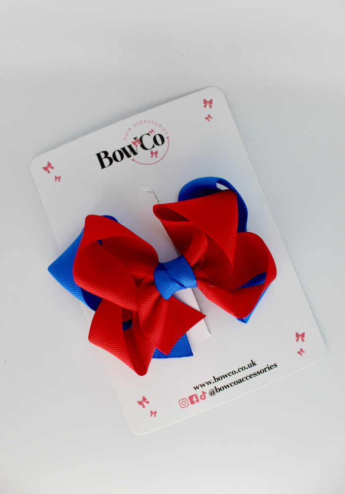 School Royal Blue and Red Double Loop Bow - Clip
