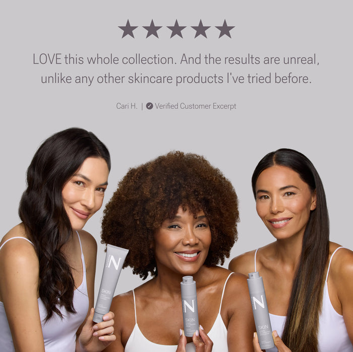 Front view of SKIN Dermal Rejuvenating Skincare System showcasing three gray product bottles and the outer box on a white background