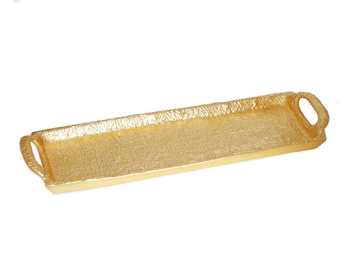gold oblong serving tray, textured metal tray with handles, Classic Touch Decor tray, elegant gold decorative tray, narrow tray centerpiece, gold vanity tray, metallic tray for entertaining, slim gold tray, glam tabletop decor, 14 inch gold tray