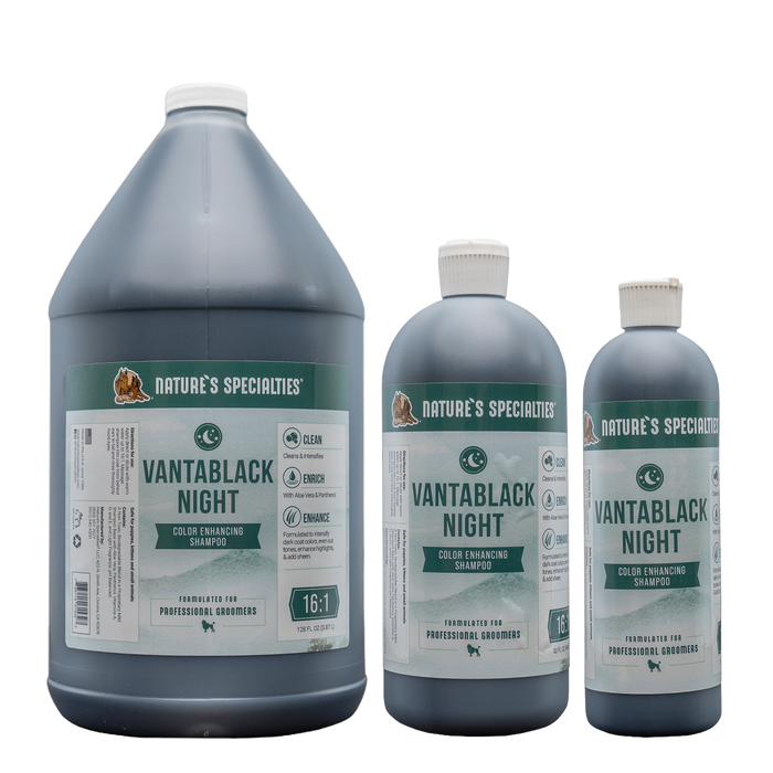 128 oz, 32 oz, and 16 oz bottles Nature's Specialties VantaBlack Night Shampoo for dogs and cats.