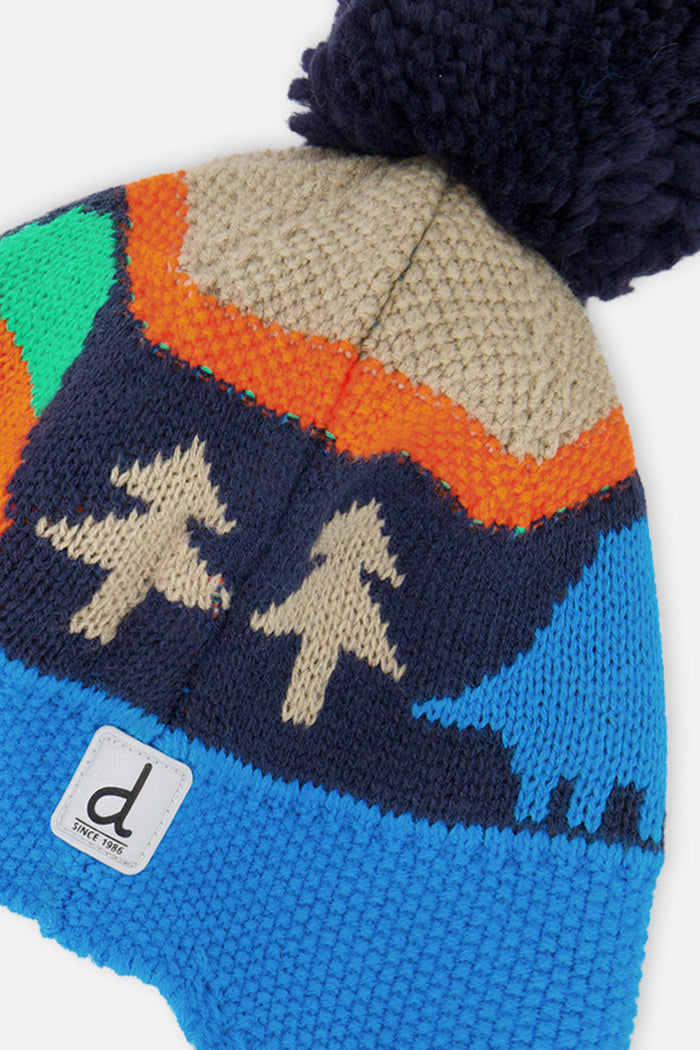 Winter Peruvian Knit Hat With Pompom Blue Dinosaur Print-4