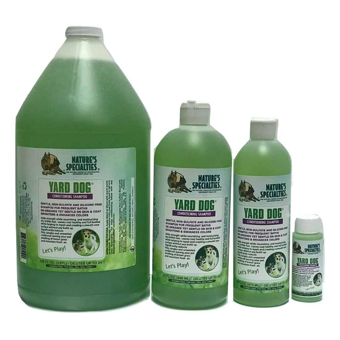 128 oz, 32 oz, 16 oz, 2 oz bottles of Nature's Specialties Yard Dog® pet shampoo.