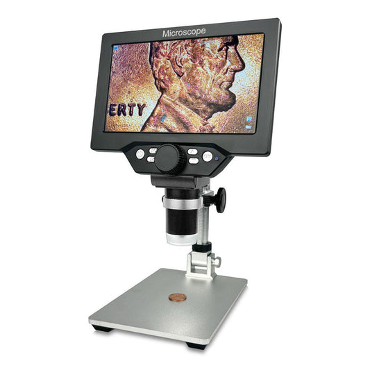 1-1200X LED Digital Microscope, HD 7 inch LCD Screen, 12 MP, SKU DM02050111, three quarter front view