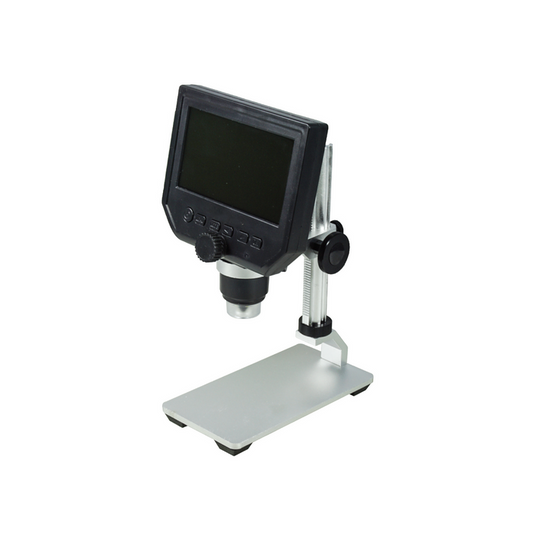 1-600X LED Digital Microscope, HD 4.3 inch LCD Screen, 3.6 MP, SKU DM02050103, three quarter front view