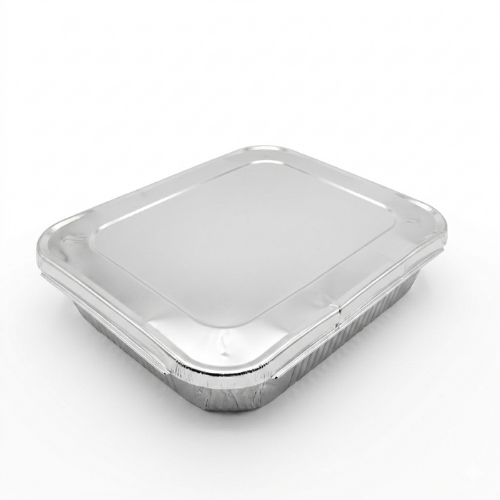 half size Aluminum food container with a lid on a white background